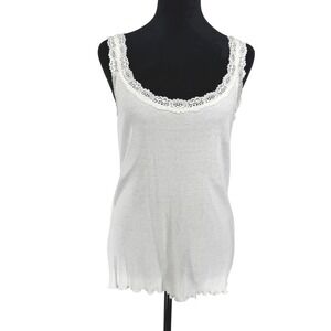 Vintage Y2K Lace Trim Ribbed Tank Top White Camisole L Deep Scoop Neck 90s Long